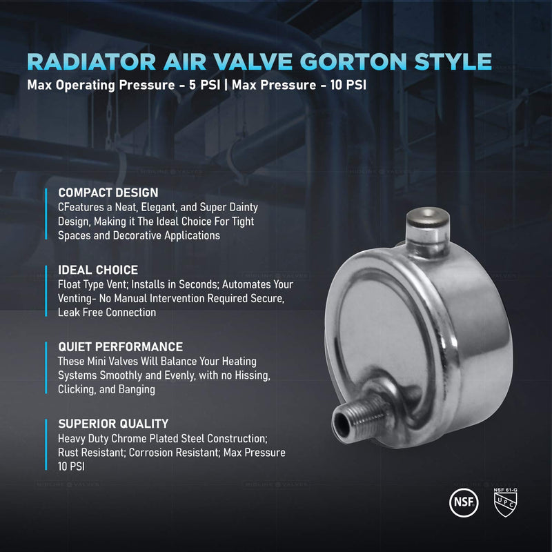 Midline Valve HBW-4B18-5 Steam Air Vent #4 Heat Regulator Valve; Angle Mount; 1/8 in. NPT; Chrome Plated Steel (5 Pack) #4 Heat Angle Mount