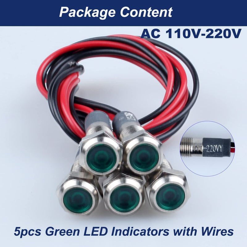 5 Pcs 6mm 110V-220VAC Metal LED Indicator Light Mounting Hole 1/4" 20mA Energy Saving Signal lamp Waterproof IP67 with Wire for machine tools household appliances etc. Green LED