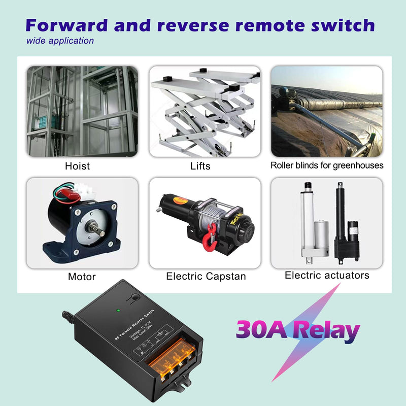 12v Forward Reverse Remote Switch with 30a Relay,Dc 12v Linear Actuator Controller Switch,24v 36v 48v 60v 72v Rf 12volt Wireless Remote Up/Down Switch Reverse Polarity for Winch,Motor,Awnings DC 12-72v 30amp