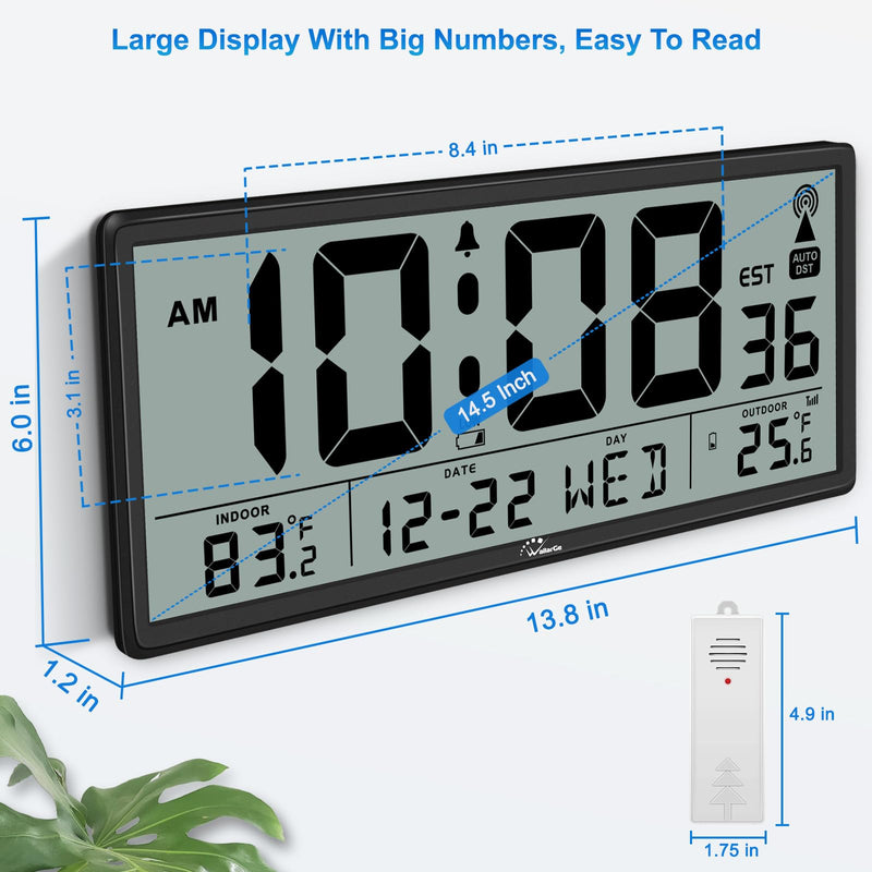 WallarGe Atomic Clock with Indoor Outdoor Temperature - Easy to Read - Self Setting, 14.5'' Jumbo Auto Set Digital Wall Clock Battery Operated Carbon