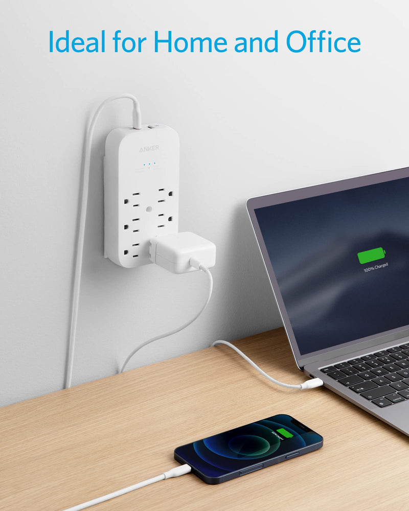 Anker Outlet Extender and USB Wall Charger, 6 Outlets and 2 USB Ports, 20W USB C Power Delivery High-Speed Charging iPhone 15/15 Plus/15 Pro/15 Pro Max, Multi-Plug for Dorm, Home, and Office, White 1