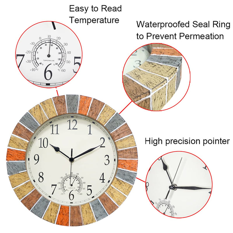UMEXUS Indoor Outdoor Clock and Thermometer, 13 Inch Large Waterproof Weatherproof Wall Clocks, Retro Silent Non-Ticking Battery Operated Decor for Garden Kitchen Bathroom Sandstone Yellow