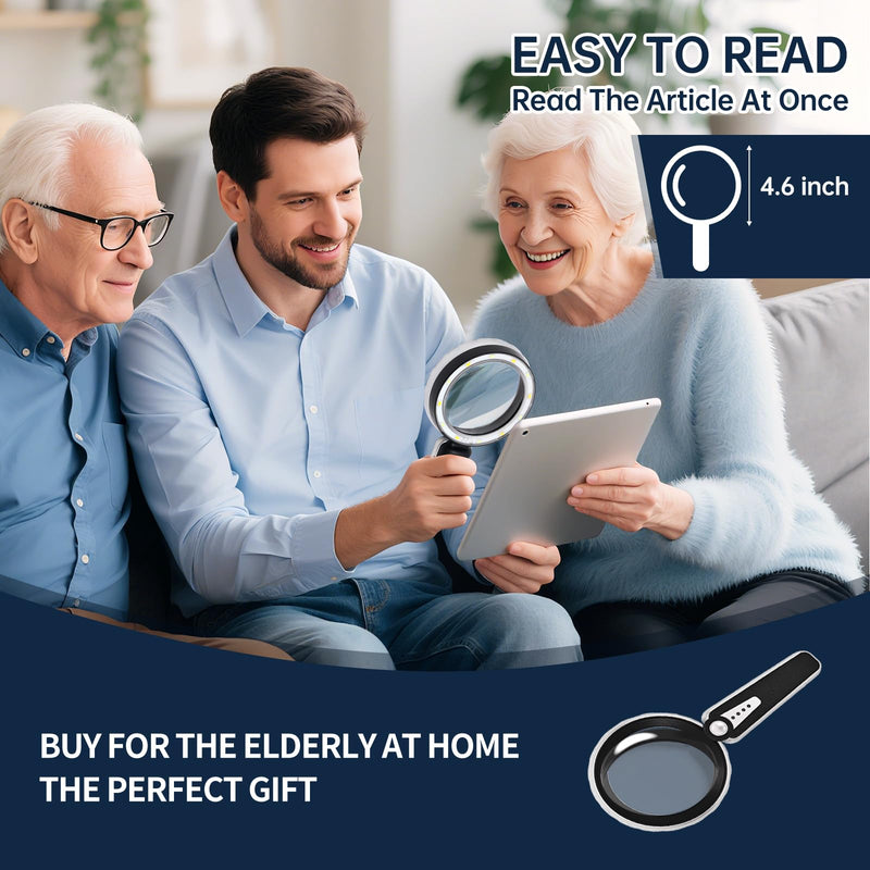 45X Magnifying Glass with Light, 4.6 Inch 1200mAh USB Rechargeable Large Handheld Magnifier, 6 Color Modes, Perfect for Low Vision Seniors, Macular Degeneration & Fine Print (Black)