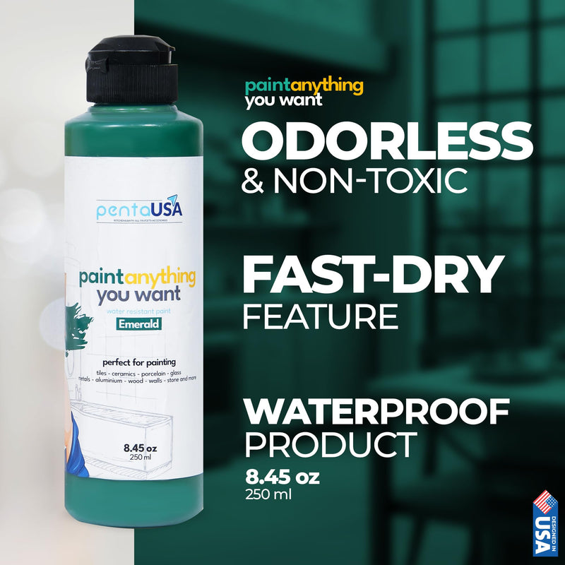 PENTAUSA All in One Paint - Emerald Waterproof Paint for Bathroom, Tub, Tile, Sink, Kitchen Cabinets, Countertops, Wet Surface, 8.45oz