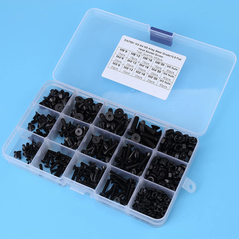 440Pcs Flat Head Bolt M3 M4 M5 Screws Alloy Steel Hex Socket Flat Head Screw Bolts and Nuts Kit with Plastic Case Black