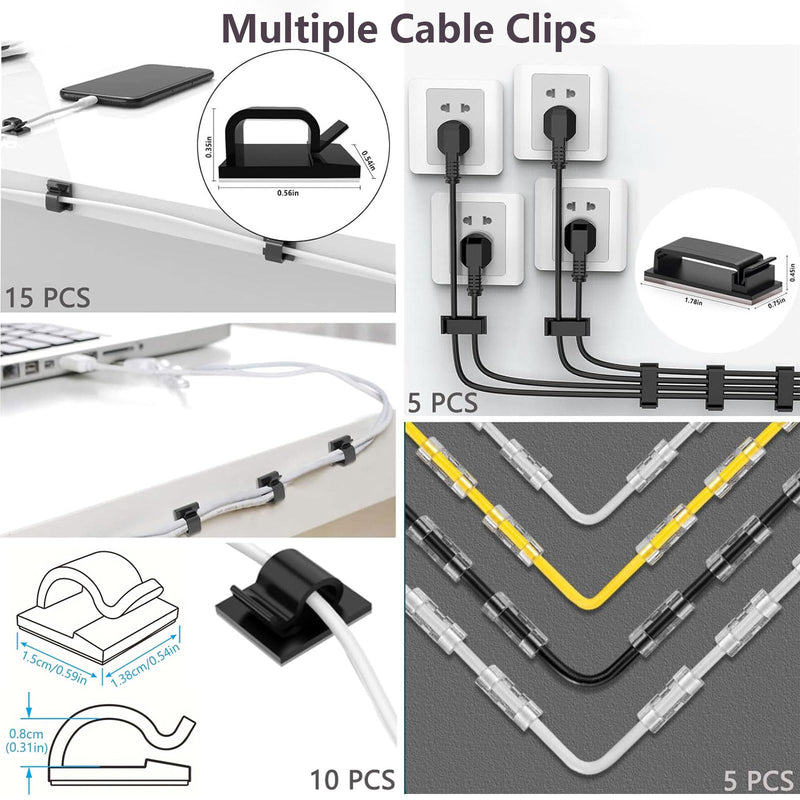 ELII 327 PCS Cable Management Kit 4 Cable Cable Sleeves,65 Cable Clips with 13Cord Holders,25 Roll Cable Organizer Straps,200 Fastening Cable Ties,20 Cable Zip Tie Mounts for Computer (Black) Black