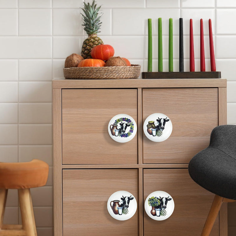 JamJam Set of 8 1.5" Ceramics Cow with Flower Farmhouse Rustic Cabinet Knobs Unique Kitchen Dresser Drawer Knobs Pulls Cupboard Wardrobe Furniture Handles