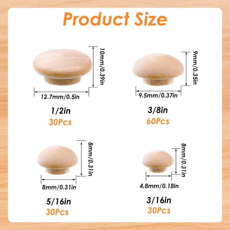 Tnisesm 150Pcs 4 Sizes Wood Plugs Wooden Hole Plugs Button Plugs Hardwood Hole Plugs for Holes in Locking Hole Tube Furniture, 3/16 Inch, 5/16 Inch, 3/8 Inch, 1/2 Inch Mushroom Head Shape 150Pcs-Mushroom shaped