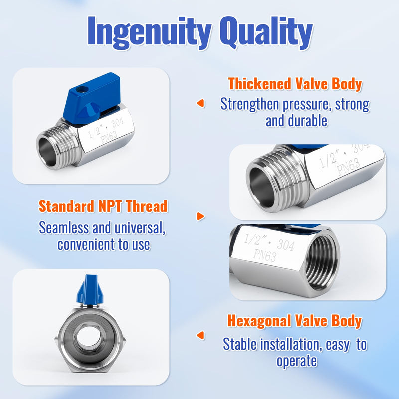 2 Pack 1/2" Mini Ball Valve, 304 Stainless Steel Water Flow Control Male x Female NPT Threaded Shut-Off Drain Valves with Quarter Turn Operation 1/2 Inch
