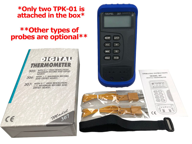 TECPEL DTM-307 Digital Thermometer with 2 k Type thermocouple Sensor Probe (TPK-01)