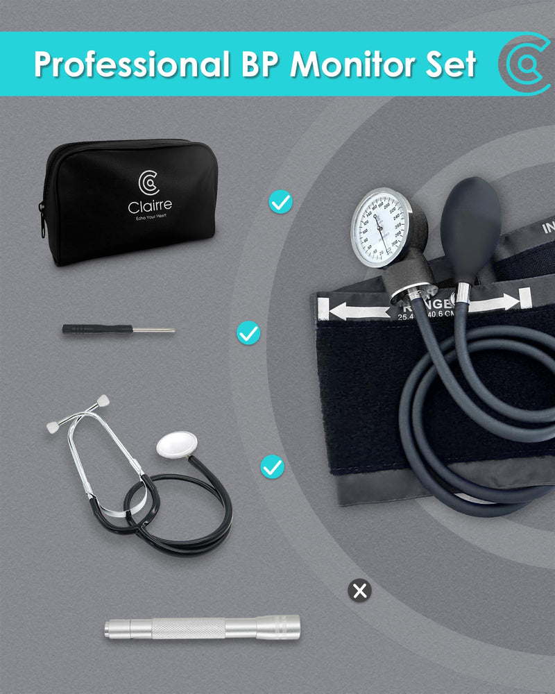 Manual Blood Pressure Cuff with Stethoscope for Nursing Students | Professional Aneroid Sphygmomanometer for Medical & Home BP Monitoring Use with Carrying Bag, Universal Adult Size Black With Basic Stethoscope