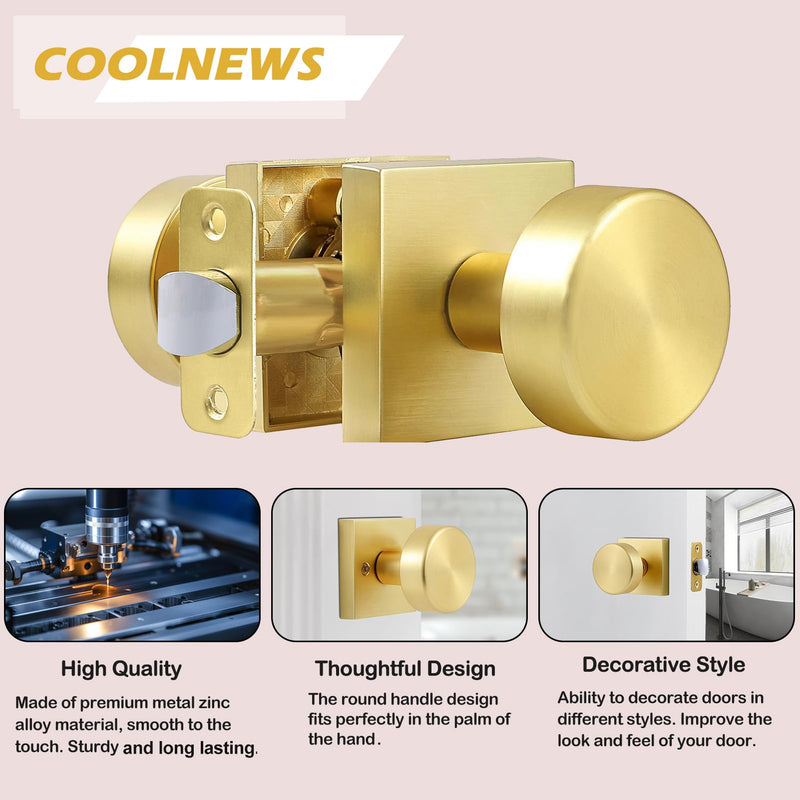 coolnews Brushed Gold Door Knob Passage Door Knobs Interior, Modern Round Door Knob Satin Brass Door Handle for Hallway Pantry Closet