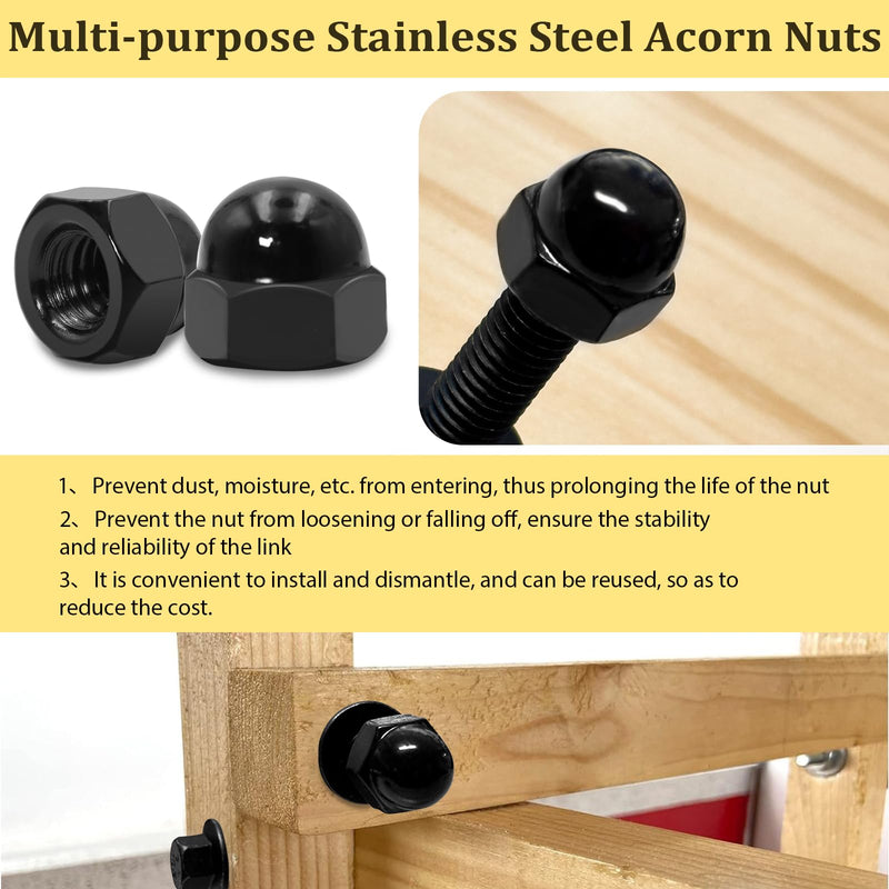 SAE Black Stainless Steel Acorn Nuts Assortment Kit (80Pcs), 6#32 8#32 10#24 10#32 1/4"-20 5/16"-18 3/8"-16 UNC Black SS Cap Nuts Sets, Black Nut Caps, Dome Head Black Acorn Cap Nut 80PCS,304 Black Stainless Steel 304 Stainless