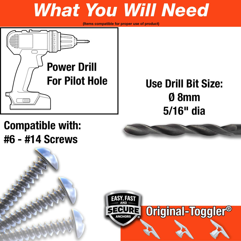 TOGGLER Toggle TB Residential Drywall Anchor, Polypropylene, Made in US, 3/8" to 1/2" Grip Range, For #6 to #14 Fastener Sizes (Pack of 100) Pack of 100