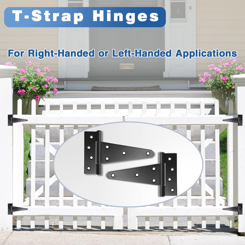 6 Inch T-Strap Shed Door Hinges, 2 Pack Heavy Duty Tee Hinge, T-Gate Hinges, Gate Strap Hinges, Black Wrought Hardware for Wooden Fences, Barn Door, Shed Doors 6 Inch