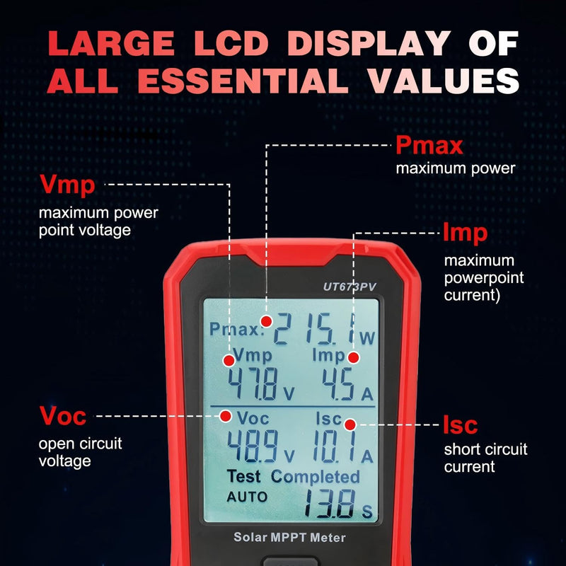 Angchun Solar Panel Tester Meter Photovoltaic Multimeter 800W, Solar MPPT Meter with Large Ultra Clear LCD, Smart MPPT Open Circuit Voltage Troubleshooting Utility Tool for PV Testing