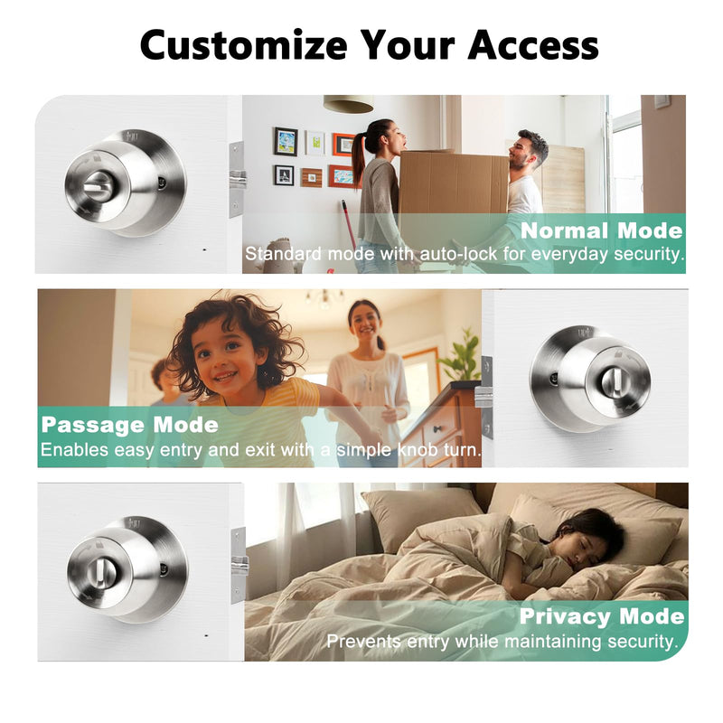 Fingerprint Smart Door Knob, Biometric Keyless Entry Door Lock with App Control & Backup Keys, Thumbprint Round Door Lock, Suitable for Home, Bedroom, Office, and Apartment Sliver