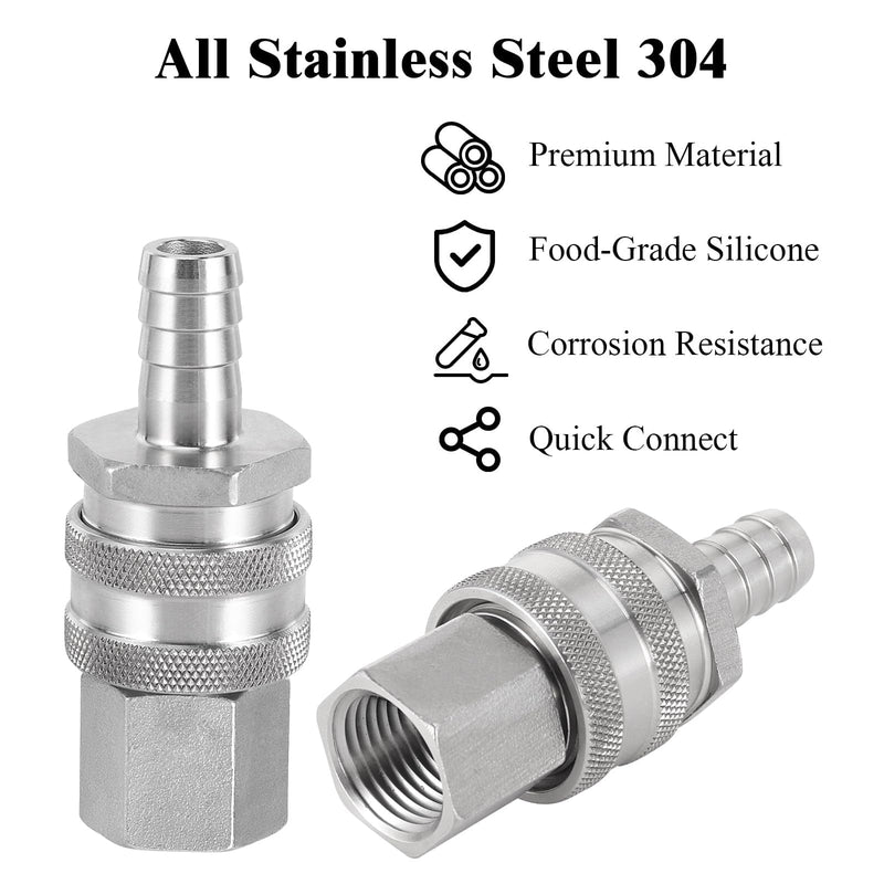 Beer Quick Disconnect Set Brewing Connector Kits, Stainless Steel 1/2 NPT Male Quick Disconnect 1/2” Female Quick Disconnect Fittings for Wort Pumps & Chiller with Sealing O-Ring (2 Pairs) 2 Pairs