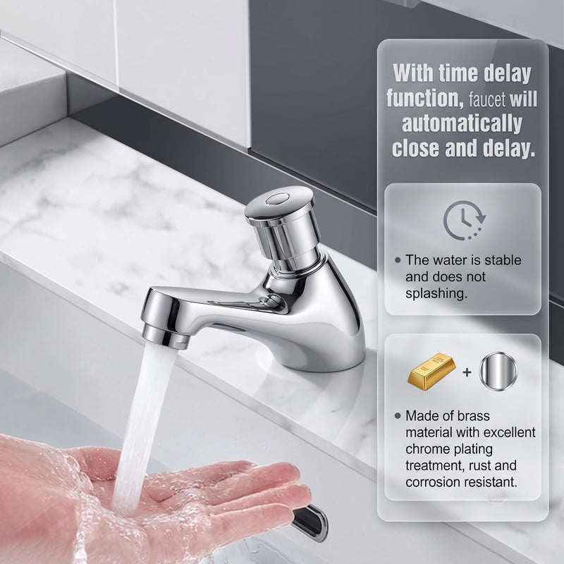 Time Delay Faucet G1/2 Thread, Self Closing Water Saving Tap Copper Chrome Plated, Single Cold Metering Valve for Public Outdoor and Laundry Utility