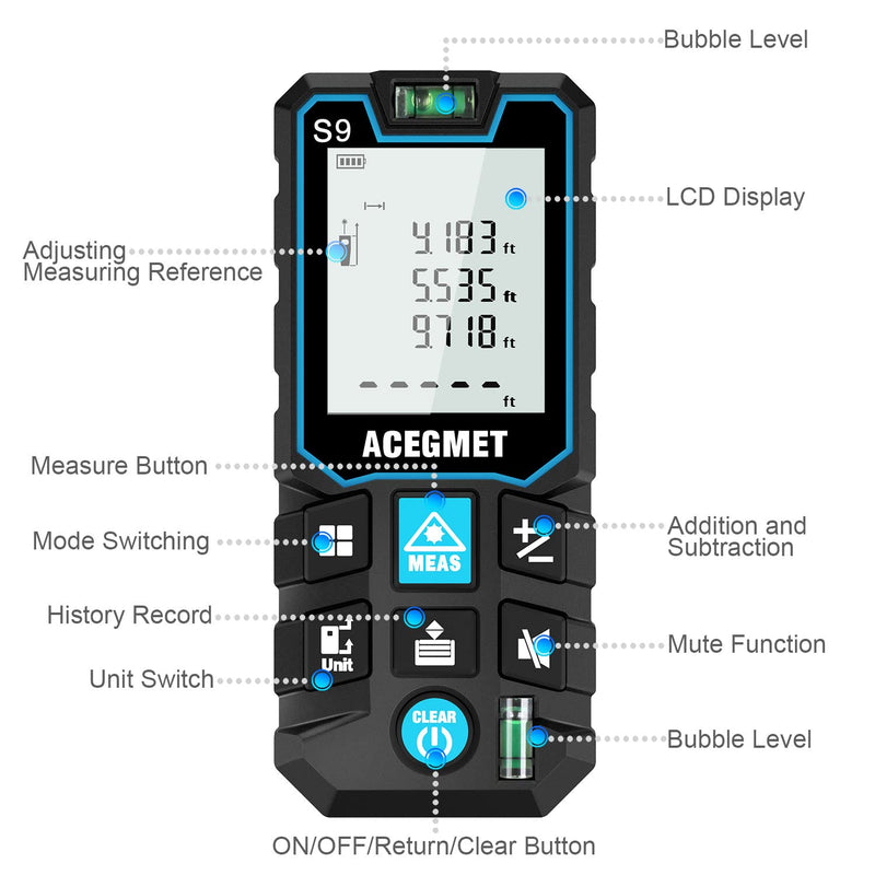 Laser Measure, ACEGMET Laser Measurement Tool (229Ft Ft/in/M) Backlit LCD with Mute Function Laser Distance Measure, Pythagorean Mode, Measure Distance, Area and Volume Laser Tape Measure 229Ft