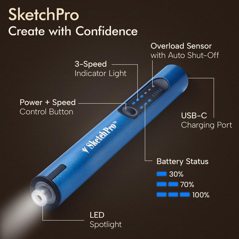 SketchPro Cordless Engraving Pen with LED Light – 3-Speed Precision Etching Tool for Wood, Metal, Glass & Plastic – USB-C Rechargeable, 26 Accessories – Ideal for DIY, Jewelry & Craft Projects