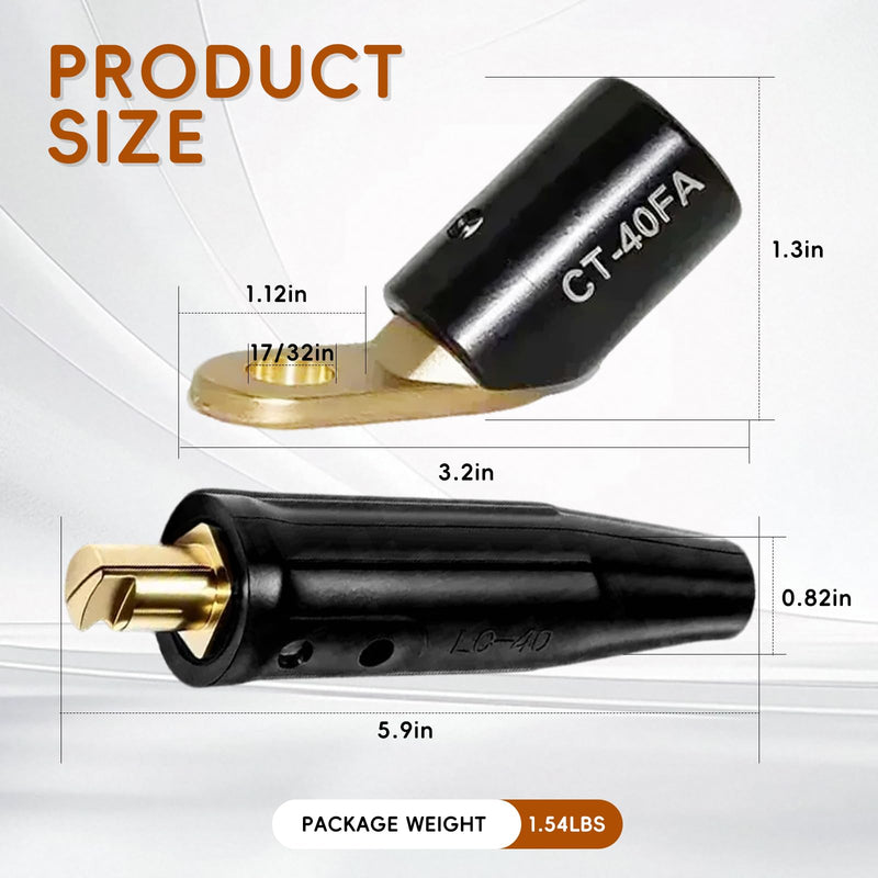 2PCS LC-40 Welding Cable Connectors and 2PCS CT-40FA Welding Terminals, Welding Leads Quick Connector 1/0 and 2/0(50-70mm²) Cable Size Capacity for Welding Machine Accessories, Cable Joint