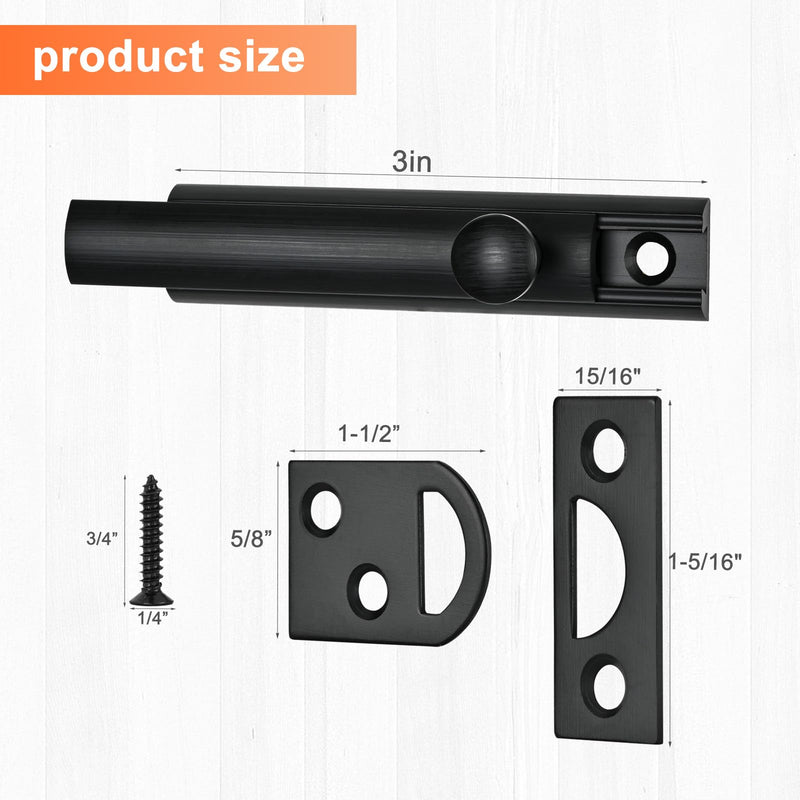 Solid Brass Surface Bolt 3 Inch, Heavy Duty Concealed Slide Surface Door Bolt, Black Black-1 Pack