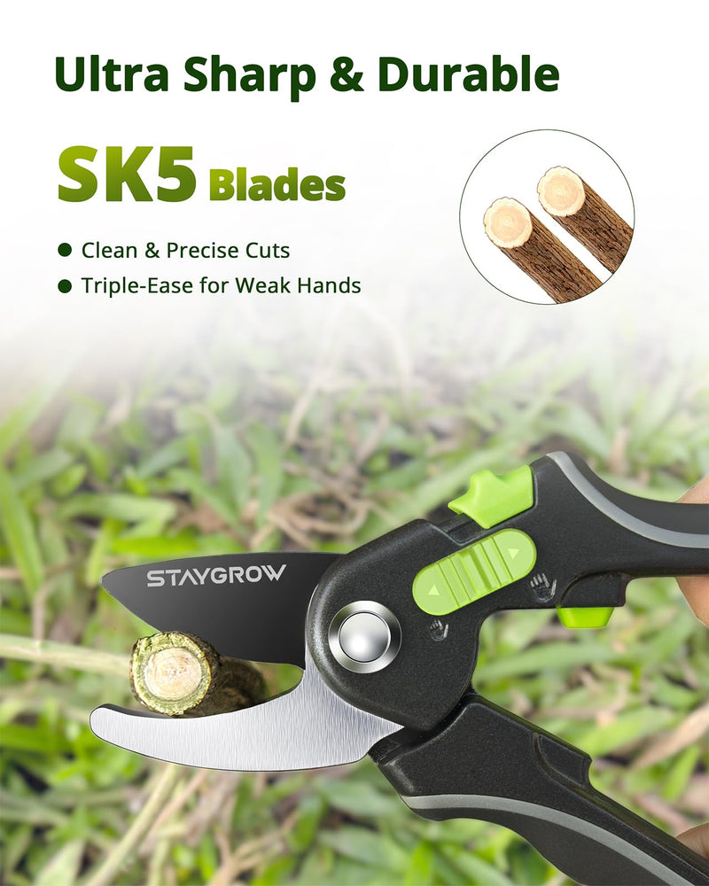 Pruning Shears for Gardening - 8.5" SK5 Garden Shears Cuts 10000+ Times Staying Sharp - Garden Scissors with One-handed Unlocking & Adjustable Handle- Garden Clippers Gardening Tools for Men Women 8.5" Bypass