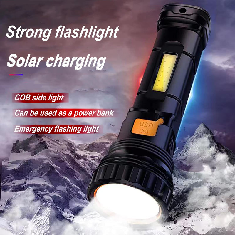Solar/Rechargeable Multi Function 1000 Lumens LED Flashlight, with Emergency Strobe Light and 1200 Mah Battery, Emergency Power Supply and USB Charging Cable, Fast Charging (1PC) Black 1PCS