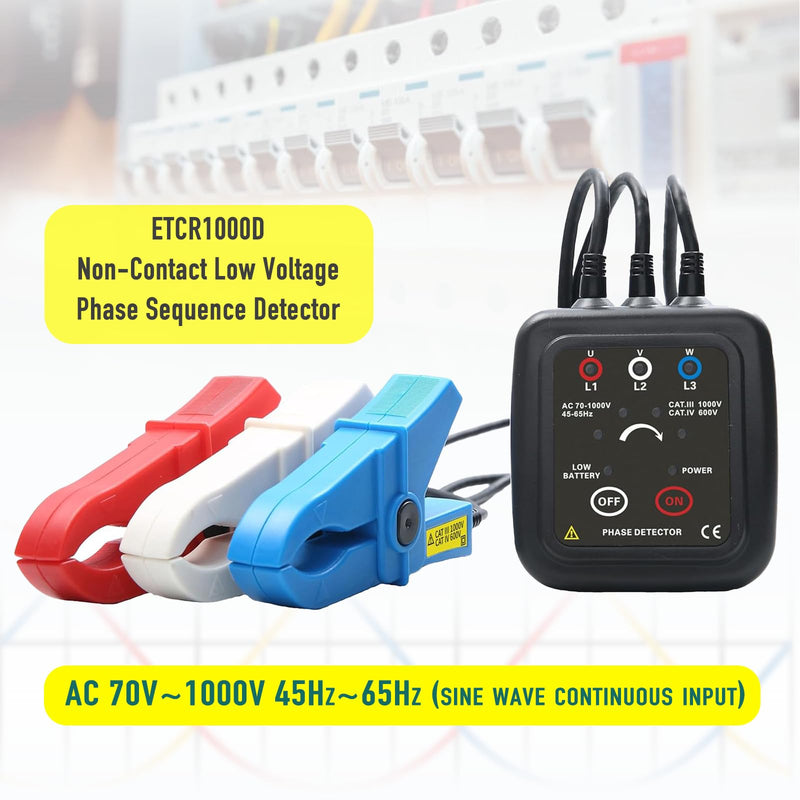 ETCR1000D Non-Contact Phase Sequence Tester Phase Rotation Meter | For insulated wires 0.4-1.6in (10-40mm) diameter, suitable for AC 70-1000V phase sequence testing