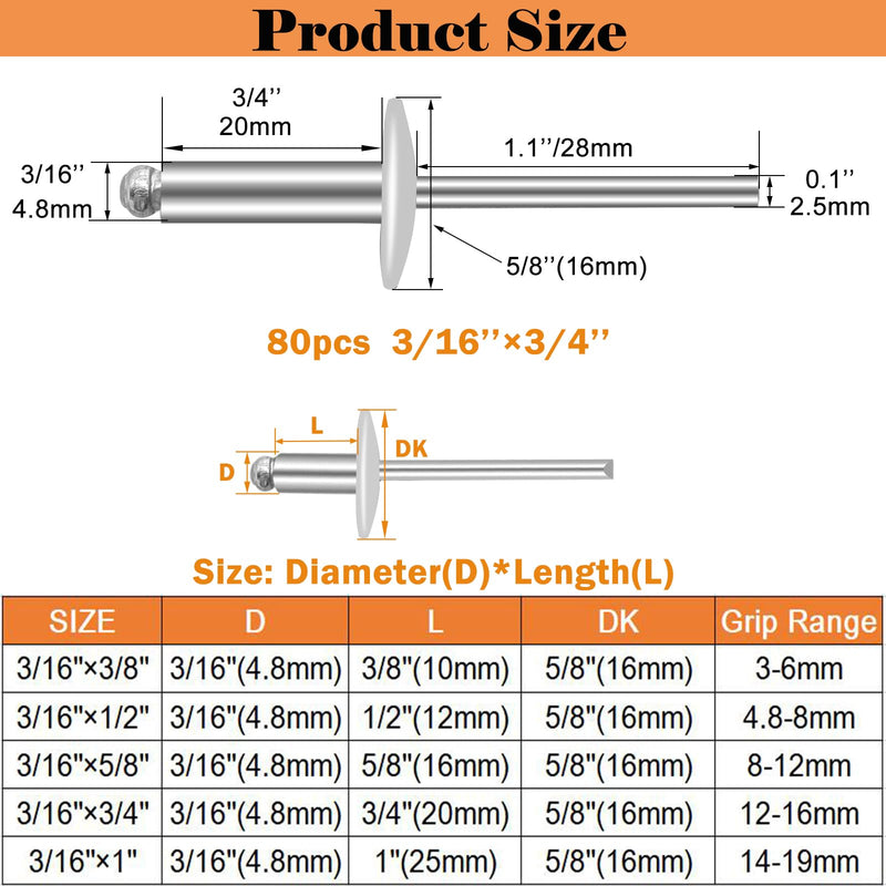 80pcs Aluminum Large Flange Blind Rivets,3/16x 3/4inch, Flange Diameter 5/8inch (16 mm), Pop Rivets Assortment Kit Blind Rivet by Bolt Dropper, Grip Range(13-16mm) 3/16" x 3/4"