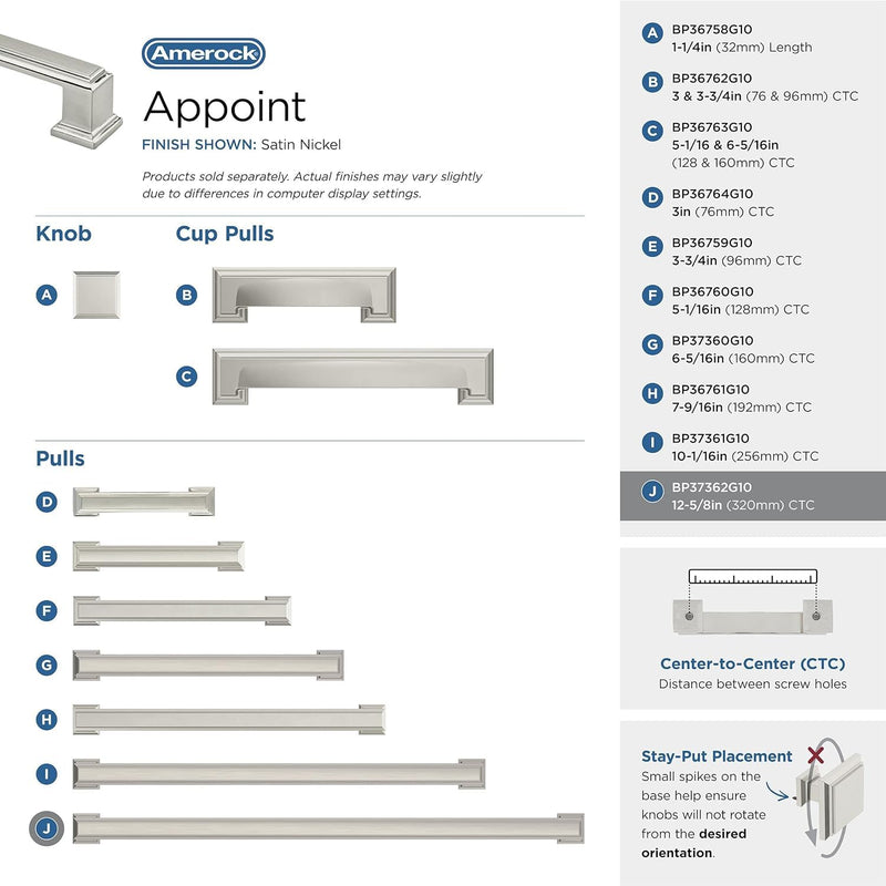 Amerock BP37362G10 | Satin Nickel Cabinet Pull | 12-5/8 inch (320 mm) Center to Center Cabinet Handle | Appoint | Drawer Pull | Kitchen Cabinet Handle | Furniture Hardware