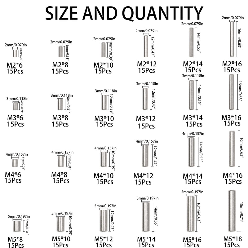 360Pcs 304 Stainless Steel Dowel Pin Shelf Support Peg Pin Rod Fasten Elements Assortment Kit, 24 Sizes M2 M3 M4 M5