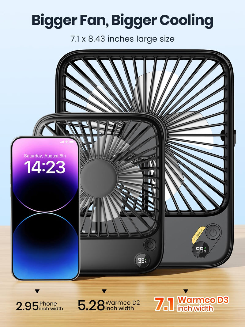Warmco 10000mAh Portable Travel Fan 7-inch, Max 24H Runtime, Ultra-thin Quiet Rechargeable Battery Operated Desk Fan with Digital Display for Camping, Office, Bedroom, Cruise Essentials Black