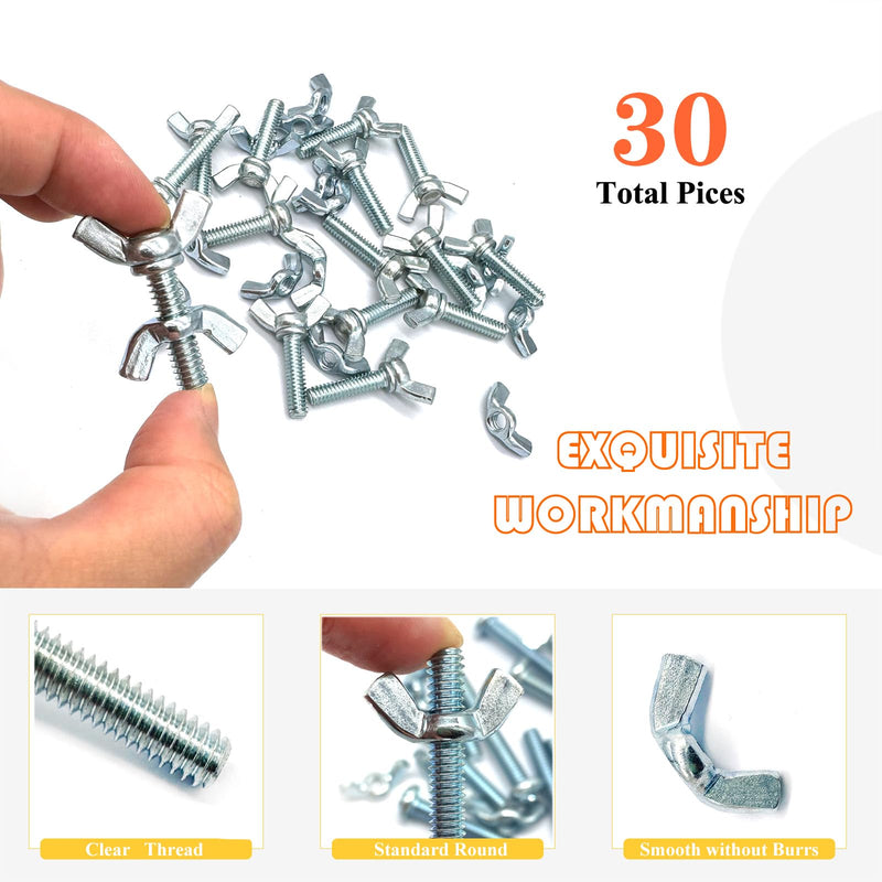 30 Pcs 1/4"-20 x1 Wing Screw Bolts and Wing Nut Kit Butterfly Screws and Nut with Hand Twist Tighten Wing Head Zinc Plated Hardware Fitting Fastenings Assortment Kit Silver 15 Sets 1/4"-20 x1" WingScrews&WingNuts