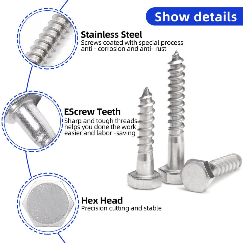 1/4 X 1-1/2" Hex Head Lag Screws Bolts, 304 Stainless Steel 18-8, Hexagon Head Wood Screws Hex Lag Screws, Pack of 20 1/4 X 1-1/2"