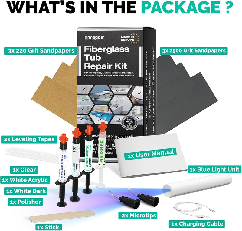 Fiberglass Tub Repair Kit (Clear, White Acrylic & Dark White Color) - Fix Your Defect Like a Pro I Suitable for Most Repairs I Upgraded Light Unit ‎Clear, white acrylic, and dark white - NewNest Australia