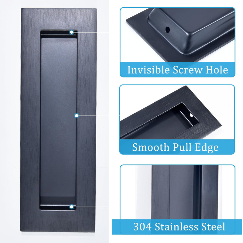 Dontay 2 Set Pocket Door Pull Handle, 304 Stainless Steel, Rectangle Recessed Flush Finger Pulls&Edge Spring Pull,No Lock,Hardware Set for More Than 1-1/8” Thickness Sliding Door(Matte Black,4.7'') ﻿ 4.72 inch (120 mm) 2Pack Matte Black