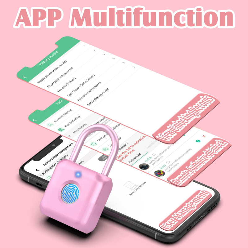 Pothunder Fingerprint Padlock, Smart Padlock, Locker Lock, Combination Lock, Fingerprint Lock with APP Unlock, USB Rechargeable, Suitable for Gym Locker, Door, Locker(Pink) Pink