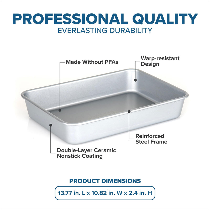 Viking Premium 13 x 9-Inch Nonstick Ceramic Roasting Pan, Made without PFAS, Heavy Gauge Aluminized Steel Baking Pan Sheet with Reinforced Iron Frame, Even Heating Cookware, Oven Safe to 475F, Silver