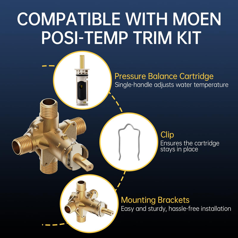 Shower Valve Replacement for Moen Posi-temp Valve, Brass 4 Port Valve, 1/2 Inch Connection, Adjustable Water Temperature and Scald Guard, Bathtub and Shower Rough-In Valve