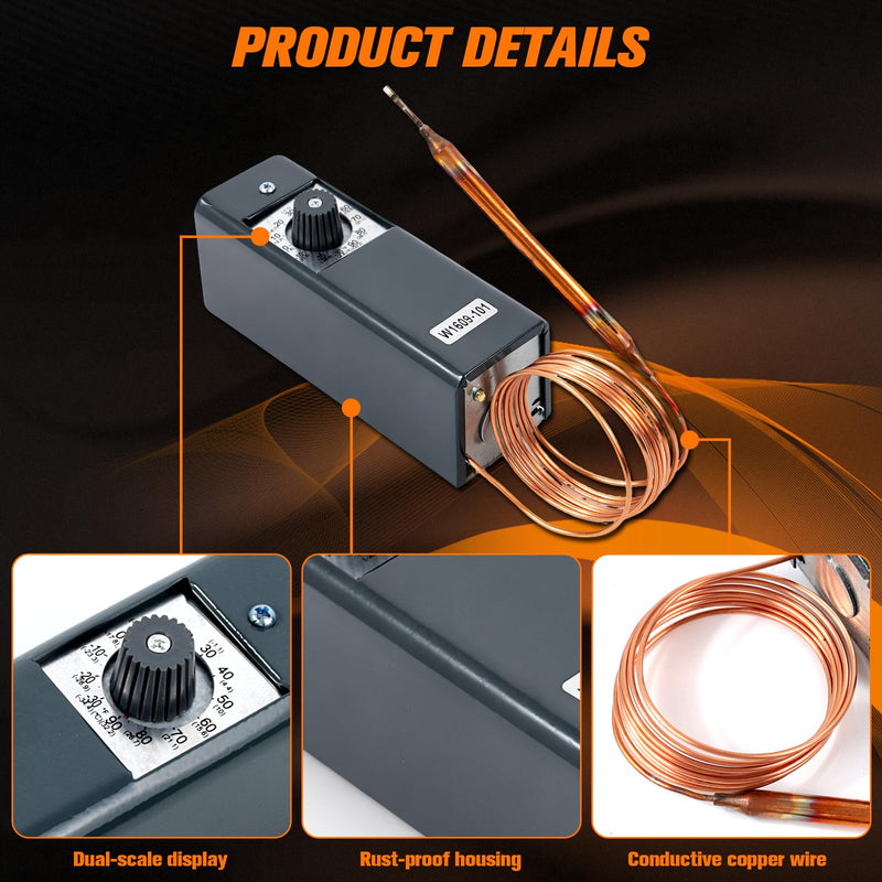 W1609-101 Refrigeratior Thermostat Temperature Controller, from -30 Degrees F to 90 Degrees F (-34 °C to 32 °C), 5 Ft Capillary Remote Bulb Controller, Temperature Control for freezers & Coolers
