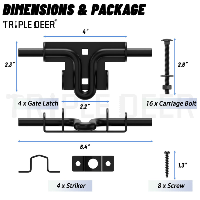 TRIPLE DEER Heavy Duty Sliding Bolt Gate Latch with Padlock Hole & Carriage Bolt, Slide Bolt Hardware for Wooden Fence/Yard Fence/Shed Door/Barn Door, Black, 4 Pack