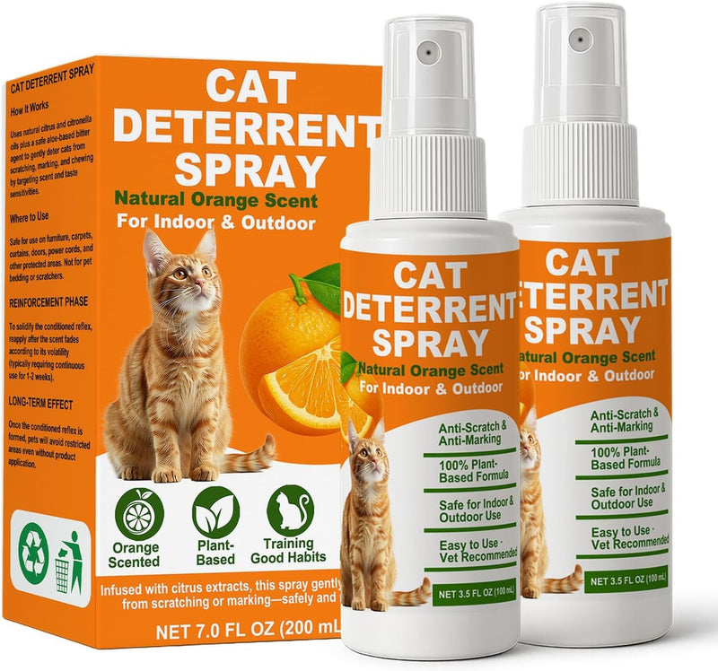 Cat Deterrent Spray 2 Pack, Natural Non-Toxic Plant Based Anti-Scratch & Anti-Marking Spray for Cats & Kittens, Orange Scent Pet Training Aid, Safe for Pets, Indoor Outdoor Furniture, Protector 7.0 Oz