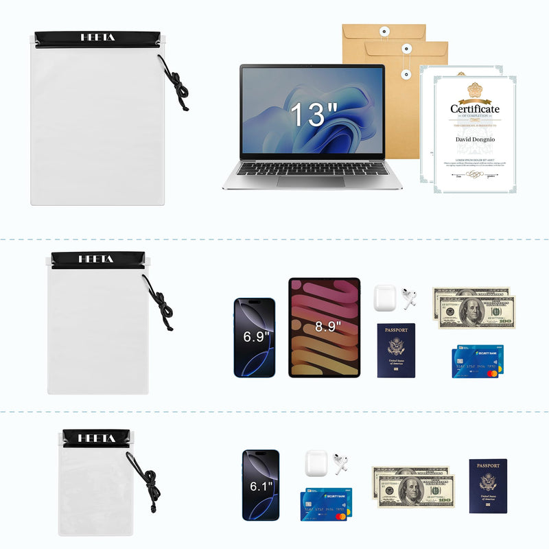 HEETA 5-Pack Clear Waterproof Dry Bag Pouch, Water Tight Cases Dry Bags Document Holder for Camera Mobile Phone Maps, Kayaking Boating Black