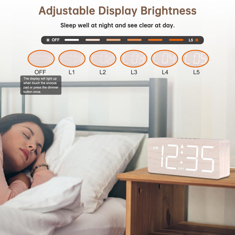 DreamSky Wooden Digital Alarm Clock for Bedroom - Desk Clock for Living Room with Large Numbers, Dimmer, Loud Alarm for Heavy Sleepers with Volume Control, DST, Office Wood Decor (Plug in Clock) White (Plug-in)