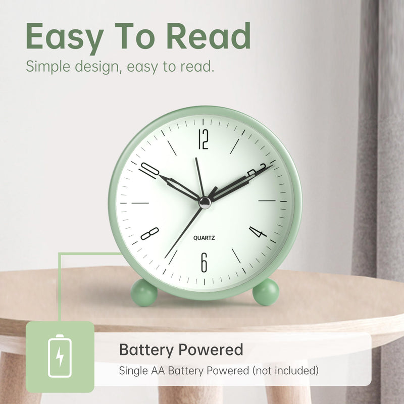 Analog Alarm Clock, 4 inch Super Silent Non Ticking Small Clock with Night Light, Battery Operated, Simple Design, Old Fashioned Style Ideal Decor, for Bedroom, Bedside, Desk, Adult, Kid, Gift, Green