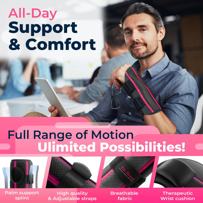 DR. BRACE Adjustable Wrist Brace Night Support for Carpal Tunnel, FSA & HSA Eligible, Doctor Developed, Upgraded with Double Splint & Therapeutic Cushion, Hand Brace For Pain Relief, Injuries, Sprains Small/Medium (Right Hand) Black-Pink