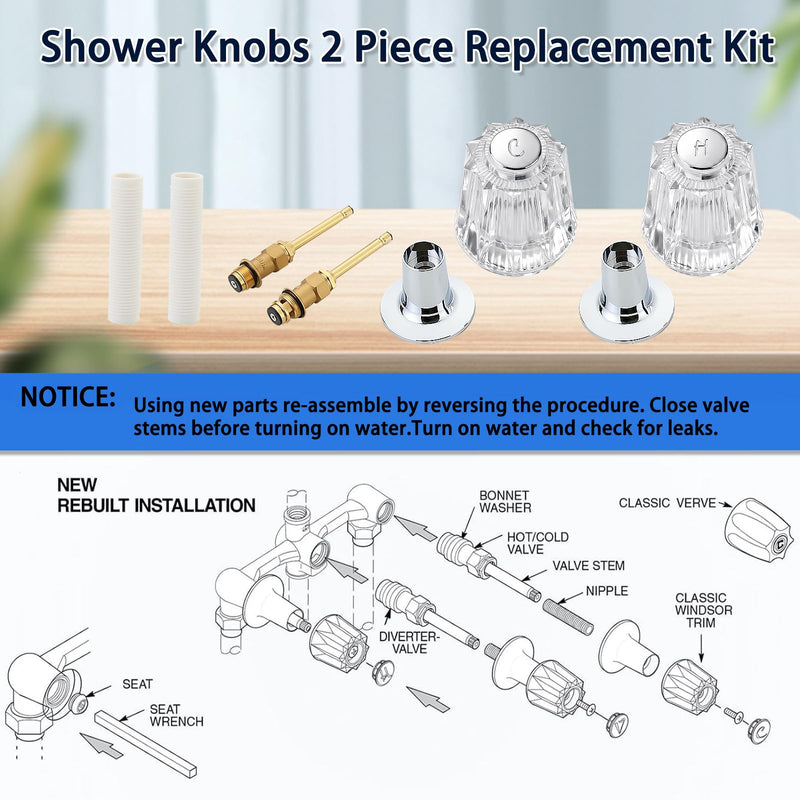 Bathtub Shower Knobs 2 Piece Compatible with Price Pfister Verve Faucets, Rebuild Set with Clear Acrylic Handles, Stems, Seats & Flanges – Hot & Cold Replacement Parts