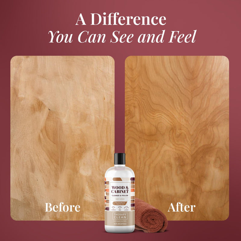 Therapy Wood Cleaner & Polish 16 oz. (2-Pack with Microfiber Cloth) - Wood Cabinet and Table Cleaner - Conditioner - Almond Scent Wood Polish (Pack of 2 with Microfiber)